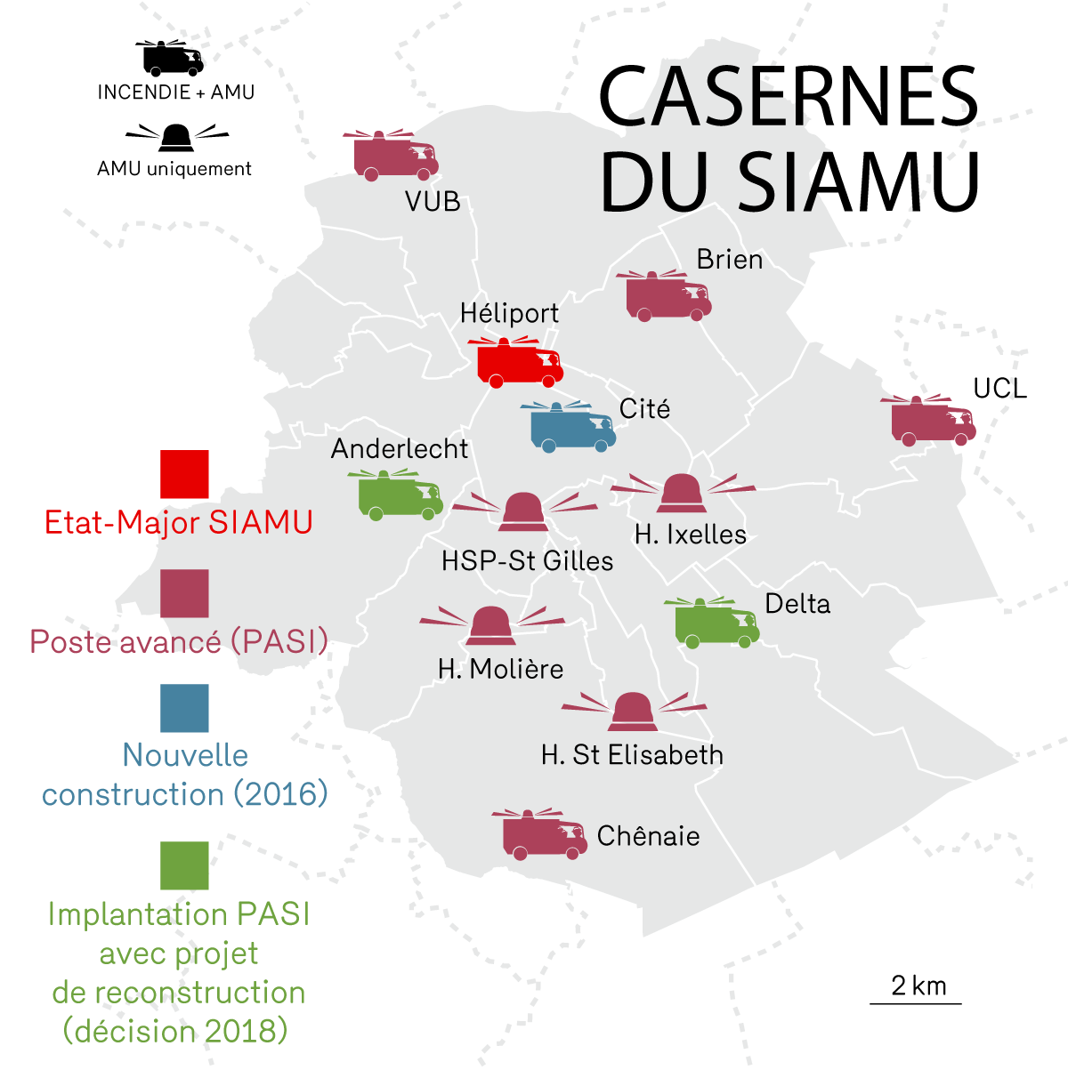 Les casernes du Service d'Incendie et d'Aide Médicale Urgente - SIAMI de la Région de Bruxelles-capitale